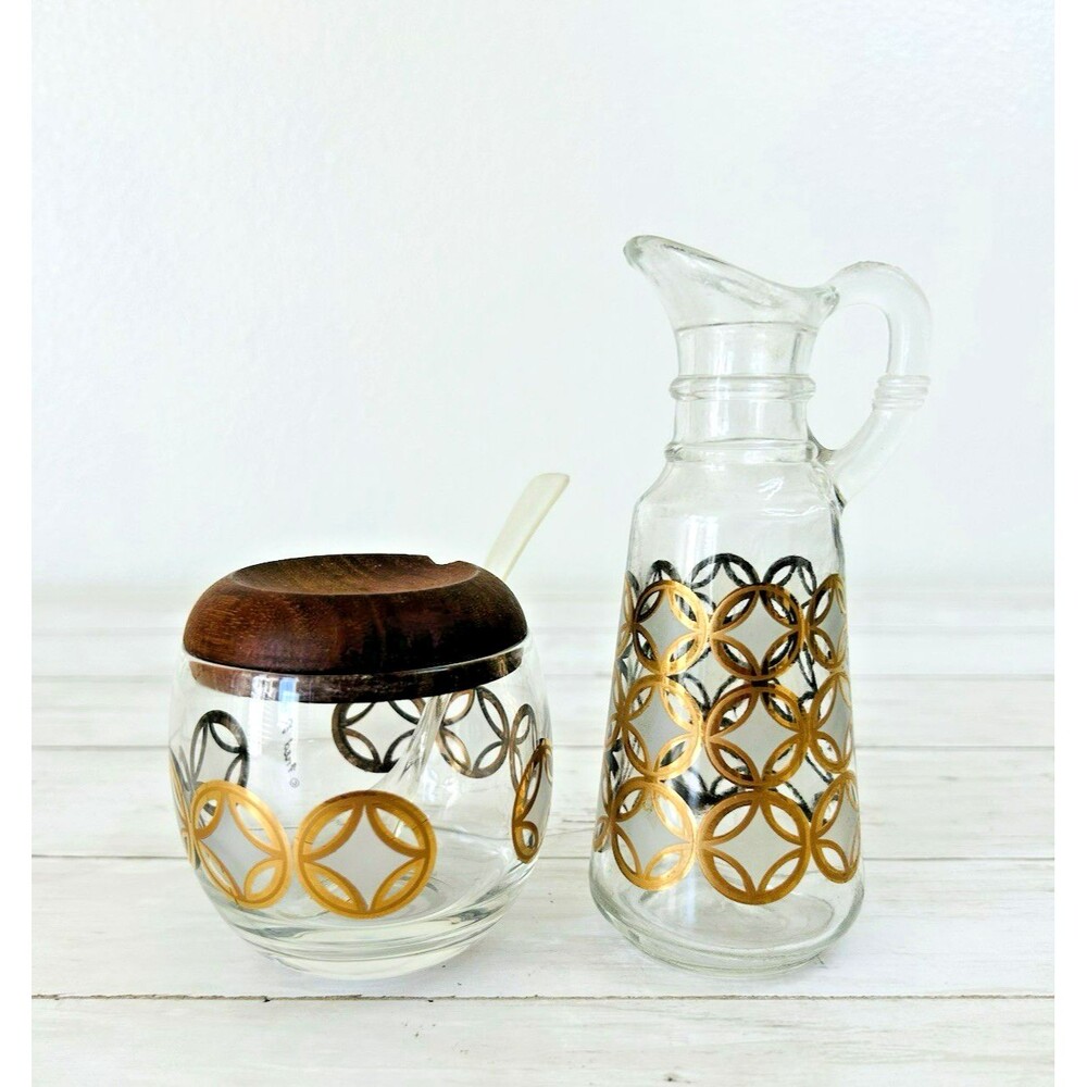 Fred Press MCM Creamer & Sugar Condiments Cruet Silver Gold Circles Signed